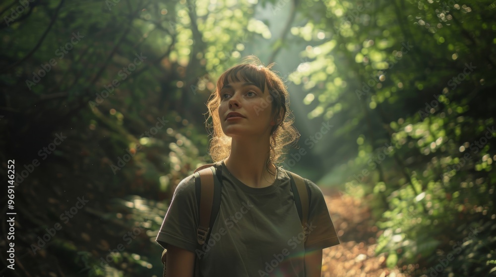 A woman explores a sunlit forest, surrounded by green trees and nature. She looks up, filled with wonder and joy in this peaceful setting. A woman explores a sunlit forest, surrounded by green trees and nature. She looks up, filled with wonder and joy in this peaceful setting.
