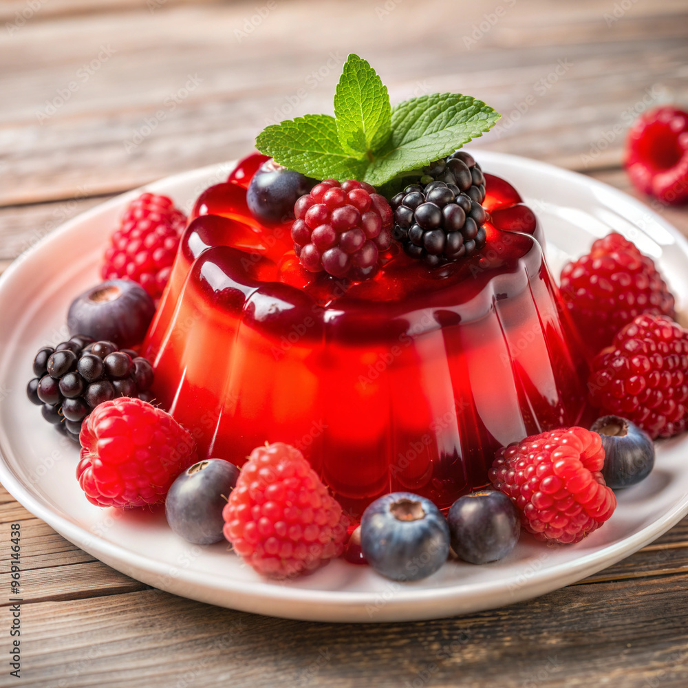 Colorful jelly dessert topped with fresh berries and mint leaves on wooden background Colorful jelly dessert topped with fresh berries and mint leaves on wooden background