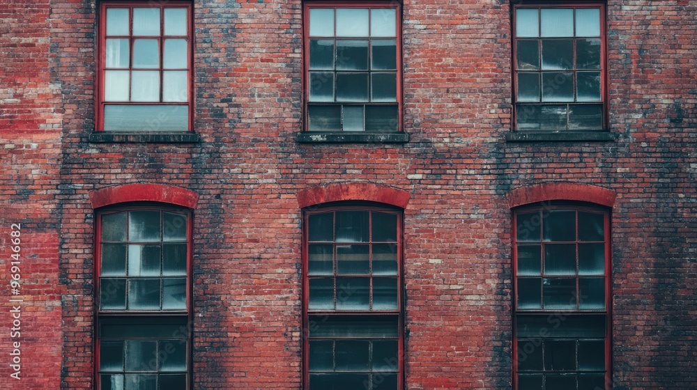 Fototapeta premium A close-up view of a weathered brick building with multiple windows.