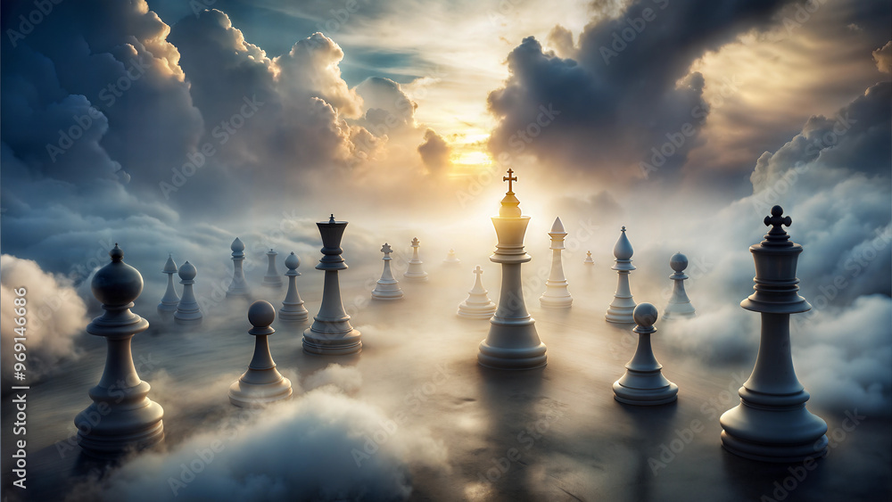 Majestic chess battle scene with white pieces among clouds and dramatic sky at sunset
