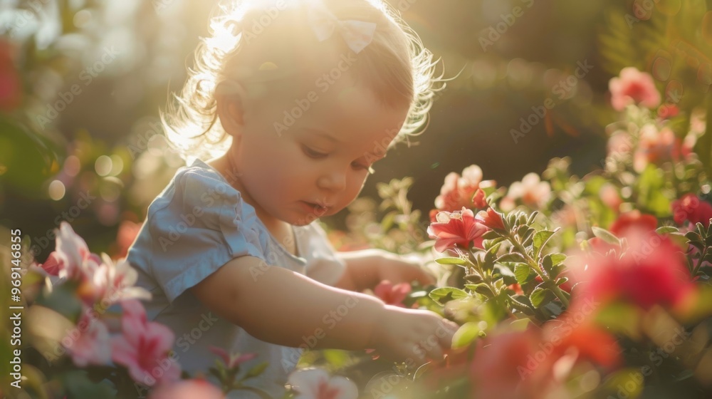A sweet child explores blooming flowers in a warm sunlight. Innocence and beauty blend in a lovely garden setting. A sweet child explores blooming flowers in a warm sunlight. Innocence and beauty blend in a lovely garden setting.