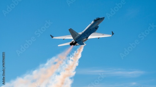 Jet Taking Off with Smoke Trail Against Clear Blue Sky