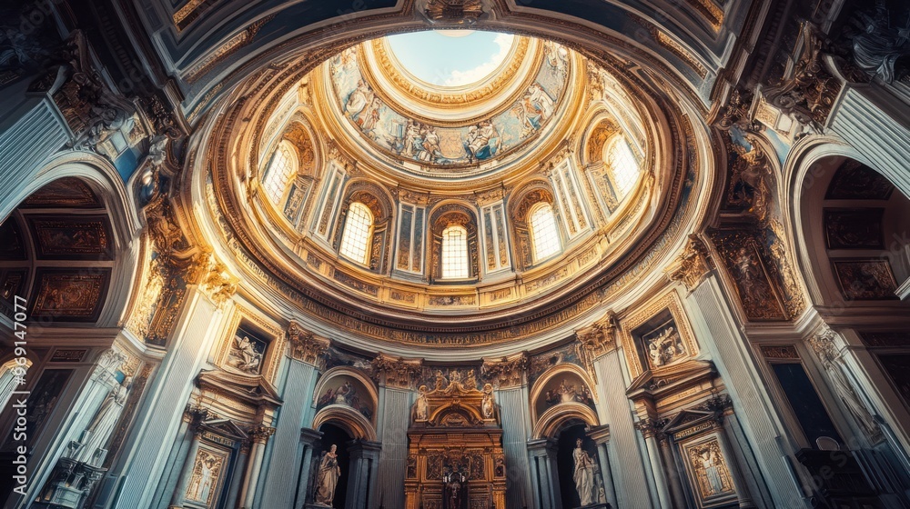 Obraz premium Interior of a grand dome featuring ornate architecture and religious artwork.