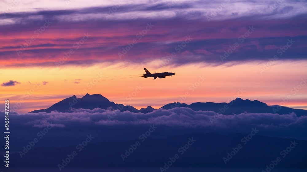Naklejka premium Jet soaring above mountains with evening clouds in the distance