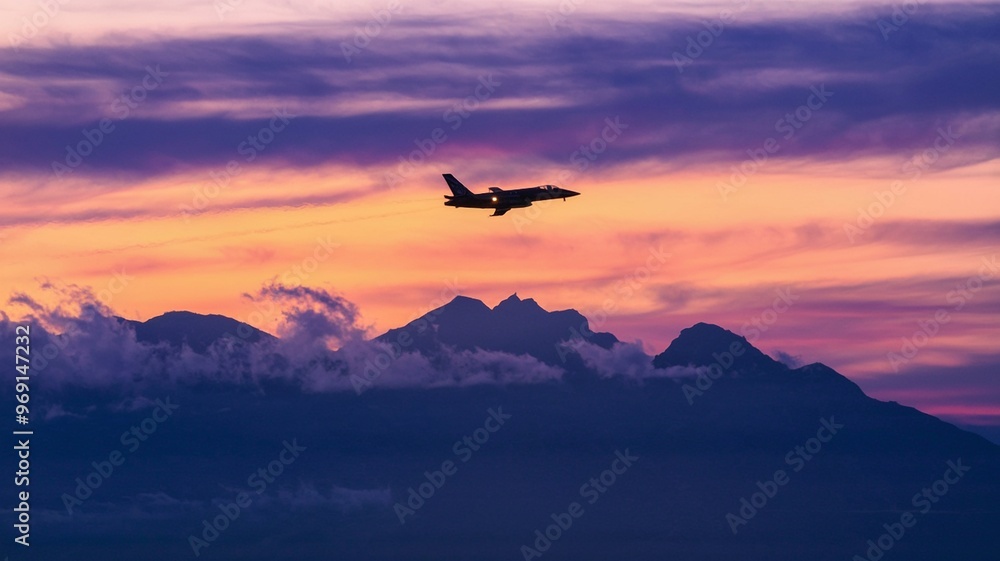 Jet soaring above mountains with evening clouds in the distance Jet soaring above mountains with evening clouds in the distance
