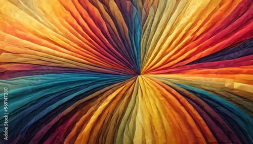 High-energy abstract design with a vibrant radial pattern of colorful waves. The image bursts with shades of red, orange, yellow, and blue, radiating from the center and creating a dynamic and