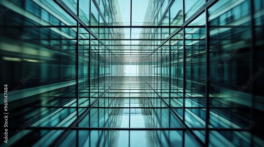 A symmetrical view of glass architecture reflecting light and structure. A symmetrical view of glass architecture reflecting light and structure.