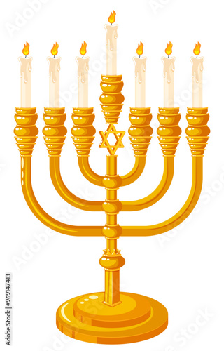 Seven Branches Candle Stand or Menorah with Elevated Center Candle and Star of David - Shabbat with Burning Candles for Hanukkah celebration 