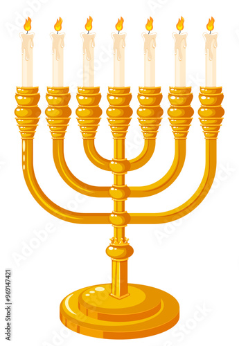 Golden Seven Branches Candle Stand with Lit Candles - Vintage Home Decor Vector Art 