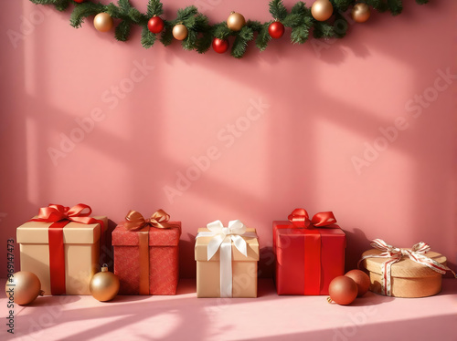 A bunch of Christmas presents lined up against a pink backdrop wall surrounded by decorations