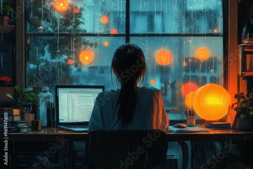 animestyle illustration of girl studying at cozy desk rainstreaked window warm lamp glow lofi aesthetic with pastel colors and atmospheric lighting photo