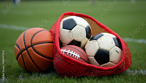 On green grass, a black bag holds four types of sports balls (soccer, basketball, rugby, and volleyball), each carefully arranged