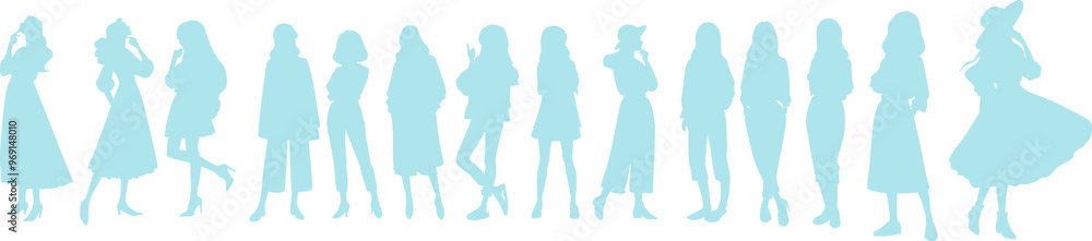考え事をする女性のイラストシルエットセット 考え事をする女性のイラストシルエットセット