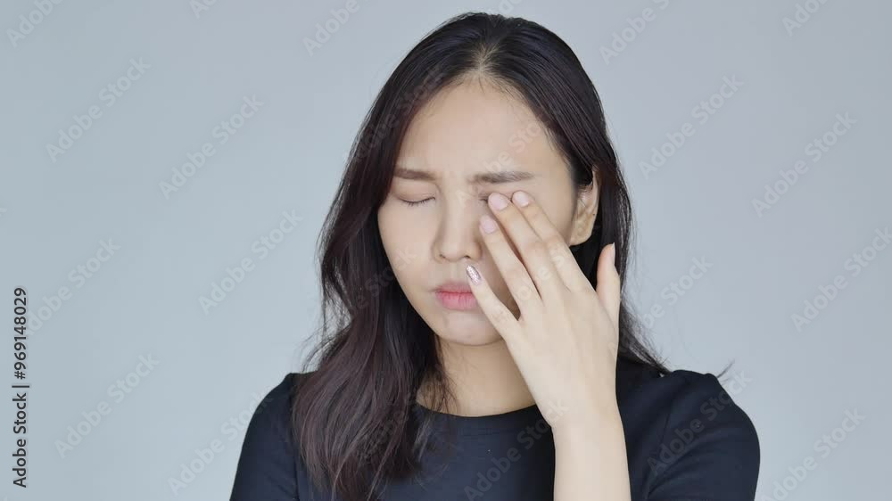 asian woman suffering from irritated eye; concept of optical health care, red eye allergy, eye care, allergic or itching or dry eye inflammation; young adult asian woman model asian woman suffering from irritated eye; concept of optical health care, red eye allergy, eye care, allergic or itching or dry eye inflammation; young adult asian woman model