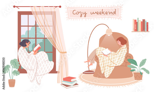 Girls reading a book wrapped in a blanket. Cozy weekend concept. Female Characters in a cozy home environment. Happy young women on a windowsill and in a chair. Vector flat illustration