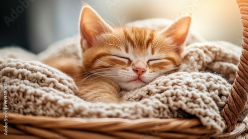 A cute kitten sleeping peacefully in a cozy basket, with a soft blanket and a peaceful expression on its face, capturing its serene moment.