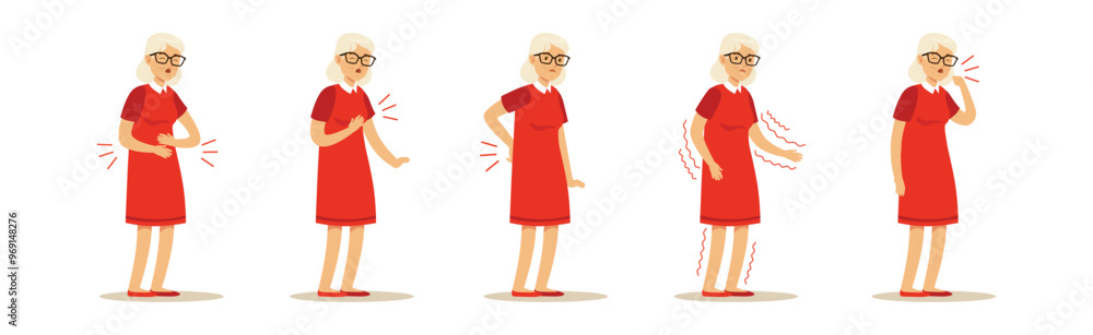 Elderly Woman Character Suffer from Ache in Different Body Part Vector Set Elderly Woman Character Suffer from Ache in Different Body Part Vector Set
