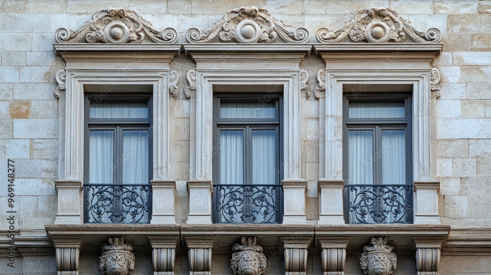 Ornate architectural facade featuring three windows and decorative elements. Ornate architectural facade featuring three windows and decorative elements.