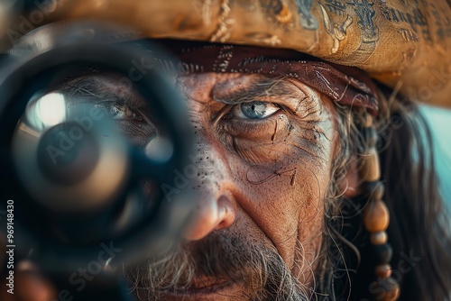 A seasoned pirate with intense gaze, aiming a firearm, showcasing intrigue and adventure in a historical setting.