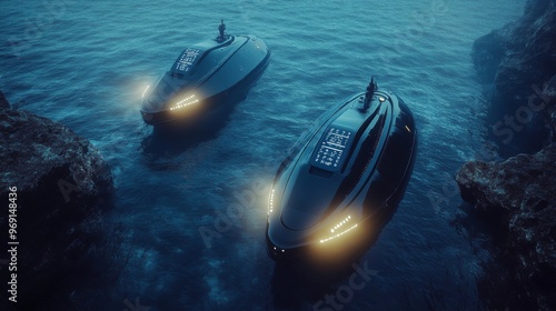 Futuristic AI-controlled autonomous submarines exploring deep-sea ecosystems: AI-powered drones gathering data on marine life and ocean health. photo