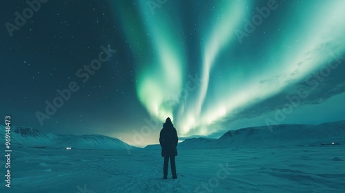 A person gazes at the mesmerizing northern lights in a snowy landscape.