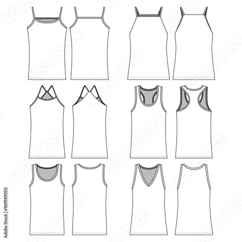 Technical sketch white basic sleeveless top and Tank jersey top design template. Camisole with round neck, v-neck, square neck, x-strap back.