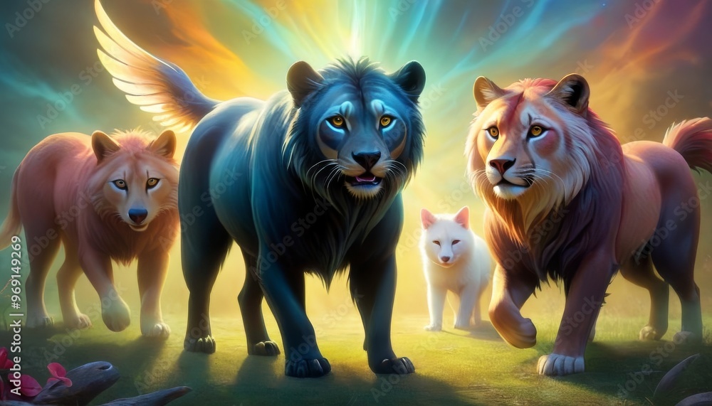 Two lions and two wolves, one with wings, stand together in a mystical forest under an enchanting light display. A small white fox adds to the magical ambiance of the scene, which is filled with a Two lions and two wolves, one with wings, stand together in a mystical forest under an enchanting light display. A small white fox adds to the magical ambiance of the scene, which is filled with a
