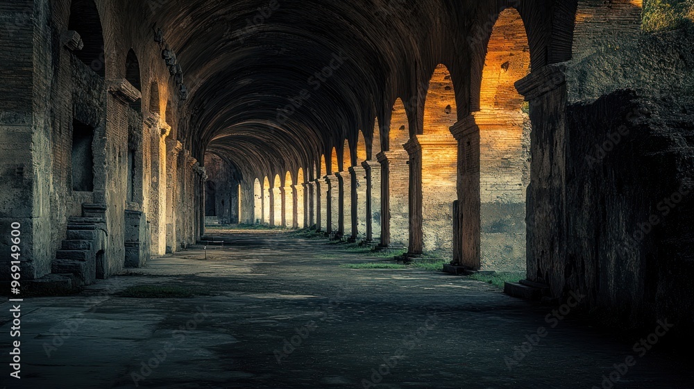 Obraz premium A dimly lit corridor with arched ceilings, showcasing ancient stone architecture.