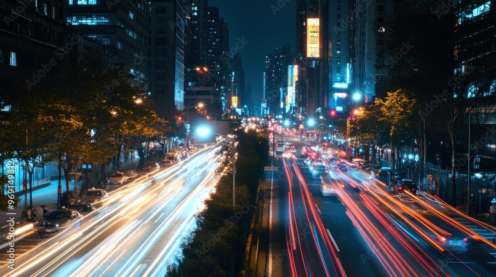A vibrant cityscape at night, showcasing light trails from moving vehicles on a busy street. A vibrant cityscape at night, showcasing light trails from moving vehicles on a busy street.