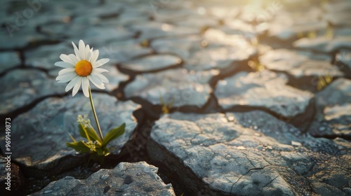 A single daisy blooms on cracked earth, symbolizing resilience in harsh conditions under a warm sunlight. photo