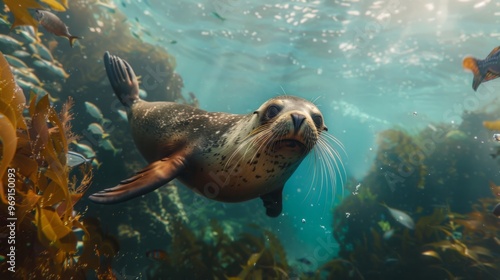 A playful seal swims through vibrant underwater plants, showcasing the beauty of marine life in a colorful ocean scene. photo