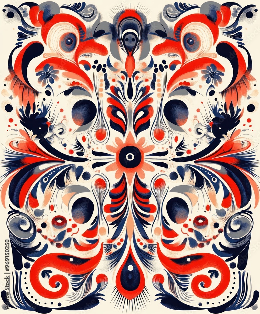 Abstract symmetrical pattern with red, blue, and white colors. Abstract symmetrical pattern with red, blue, and white colors.