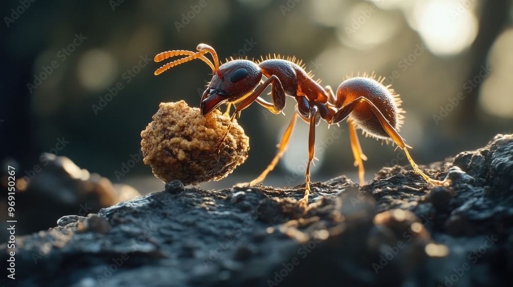 A detailed macro shot of a single ant carrying a food item, showcasing its mandibles and fine details of its body structure. A detailed macro shot of a single ant carrying a food item, showcasing its mandibles and fine details of its body structure.