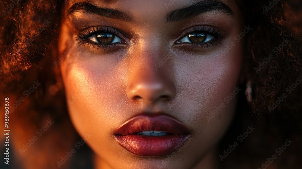 A woman with brown hair and brown eyes is wearing red lipstick A woman with brown hair and brown eyes is wearing red lipstick