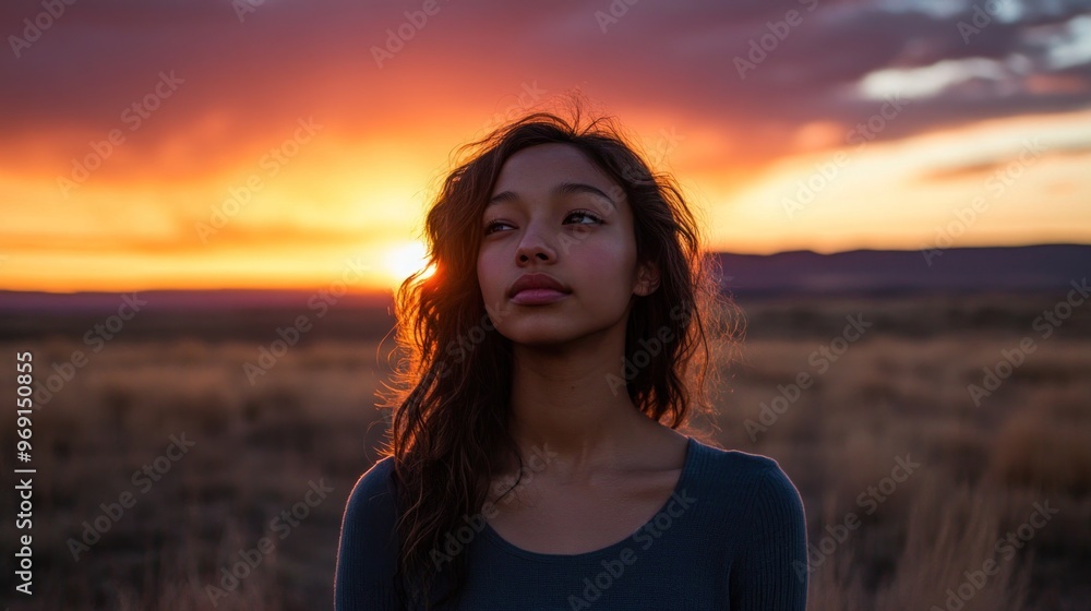 A serene portrait of a young woman against a vibrant sunset backdrop in a natural landscape. A serene portrait of a young woman against a vibrant sunset backdrop in a natural landscape.