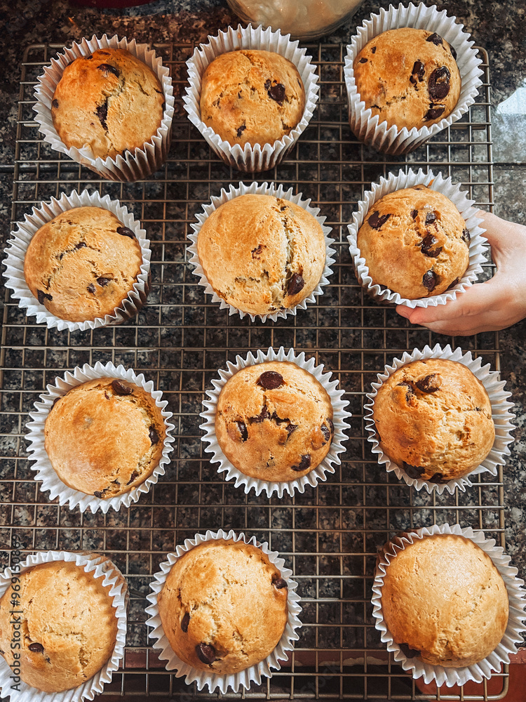 Muffins on tray with kid’s hand Muffins on tray with kid’s hand