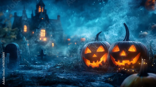 Spooky halloween night with jack o' lanterns glowing in a dark graveyard, surrounded by eerie shadows and full moon, perfect for festive holiday backdrops, haunted themes, and horror-themed designs