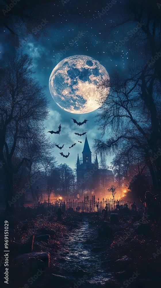 Fototapeta premium Mystical Halloween scene glowing pumpkins spooky bats bright full moon wallpaper