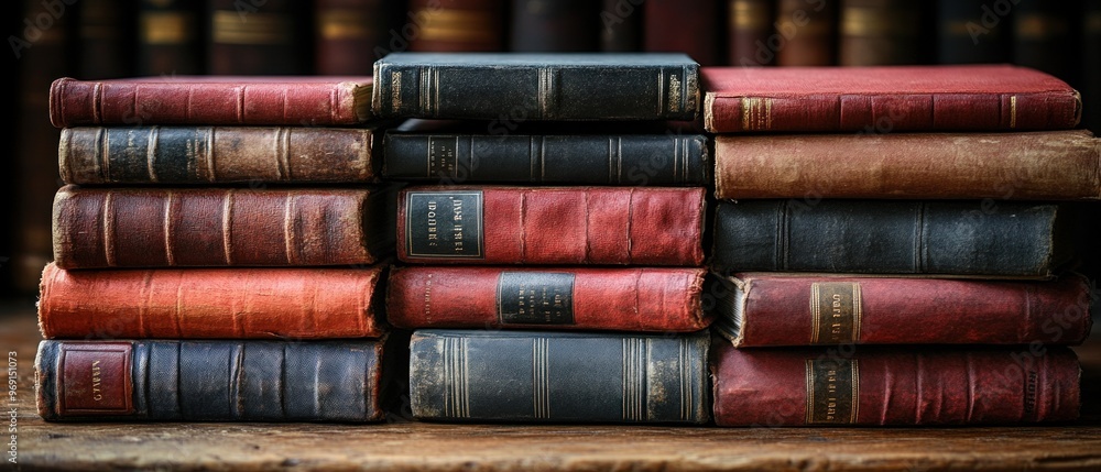 Stack of Worn Antique Books on Wooden Surface Stack of Worn Antique Books on Wooden Surface