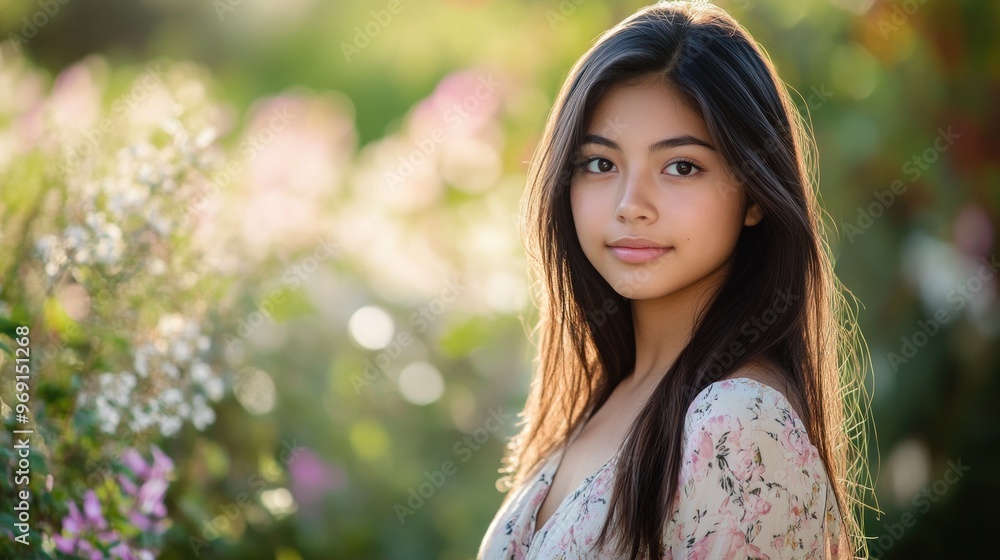 A young woman poses gracefully amidst a vibrant floral background, embodying natural beauty. A young woman poses gracefully amidst a vibrant floral background, embodying natural beauty.