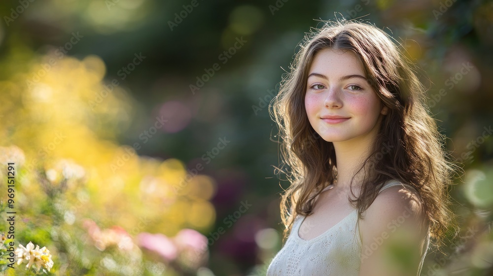 A young woman smiles in a vibrant garden filled with colorful flowers. A young woman smiles in a vibrant garden filled with colorful flowers.