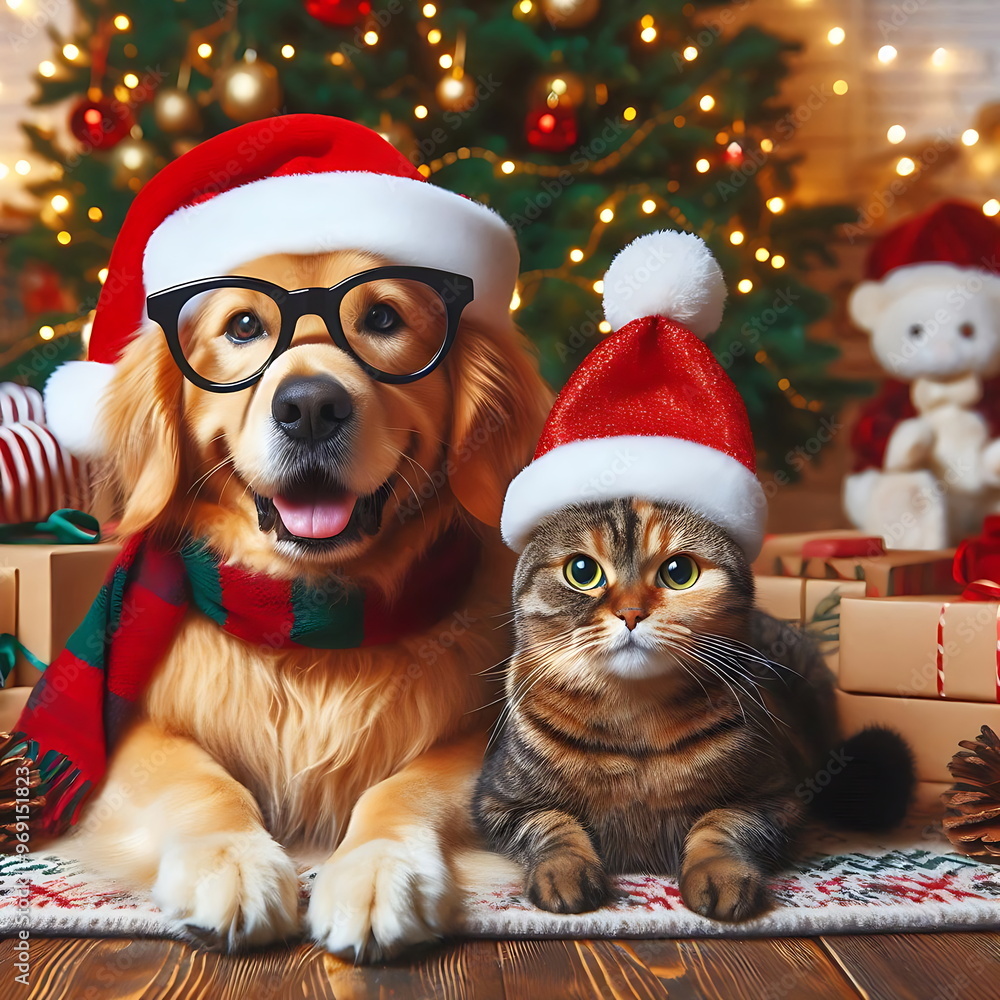 Christmas Happy Cute Cat and Dog in Santa Claus Costume Sitting Near Christmas Tree and Decorations - Perfect for Gift Cards, Posters, or Designs Christmas Happy Cute Cat and Dog in Santa Claus Costume Sitting Near Christmas Tree and Decorations - Perfect for Gift Cards, Posters, or Designs