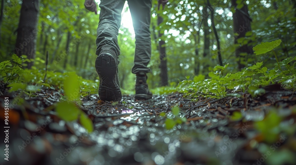 Hiker in forest walking along a lush, green, and sun-dappled path filled with wet leaves and ground foliage, taken from a low-angle perspective Hiker in forest walking along a lush, green, and sun-dappled path filled with wet leaves and ground foliage, taken from a low-angle perspective