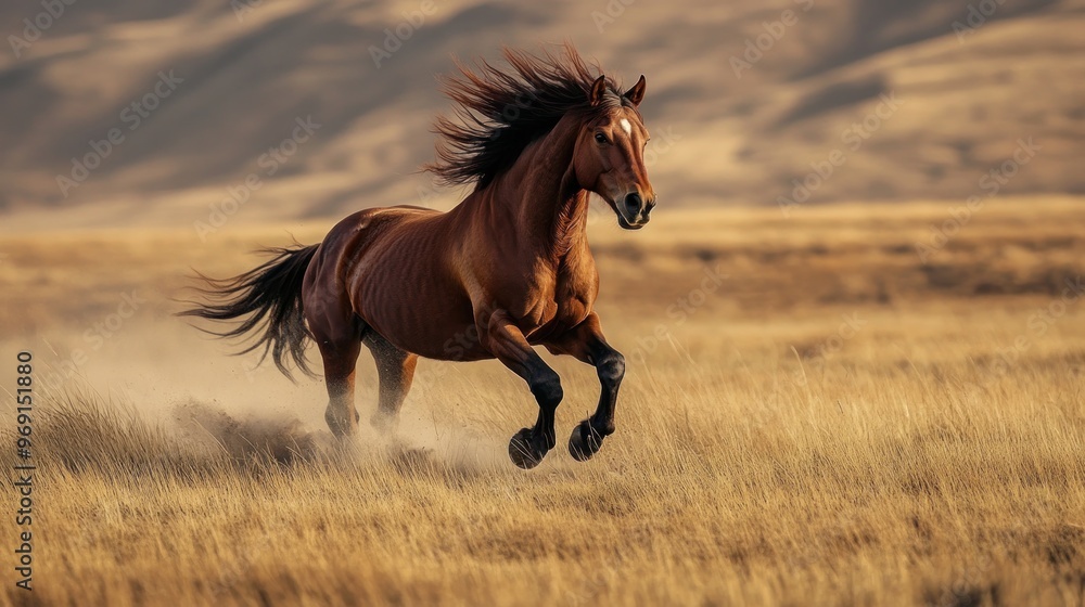 A brown horse galloping through a golden field with a blurred background. A brown horse galloping through a golden field with a blurred background.
