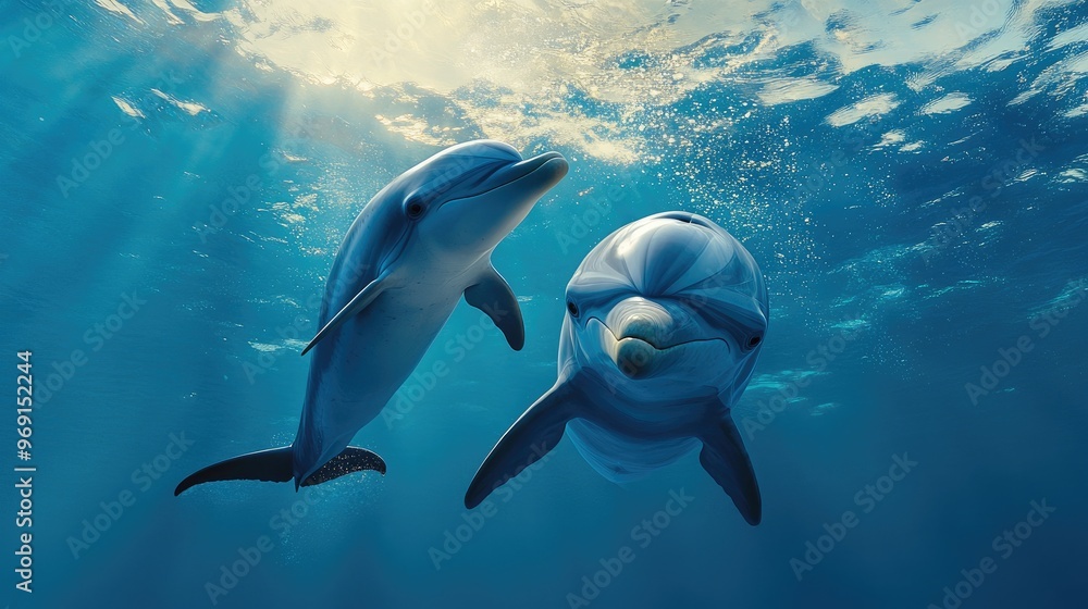 Fototapeta premium A dolphin and its calf swimming together, with the calf playfully interacting with its parent, highlighting the bond between them.