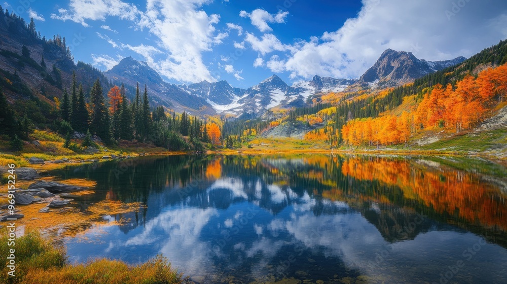 A serene lake surrounded by autumn foliage and mountains under a bright blue sky. A serene lake surrounded by autumn foliage and mountains under a bright blue sky.