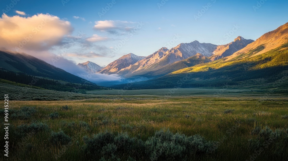 A serene mountain landscape with lush valleys and dramatic peaks under a clear sky.