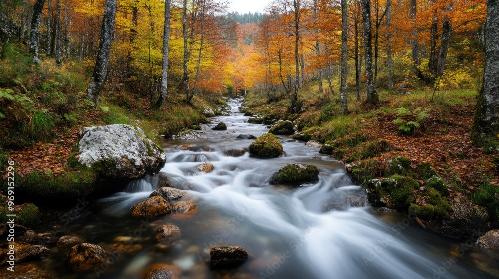 A serene autumn landscape with a flowing stream and vibrant foliage. A serene autumn landscape with a flowing stream and vibrant foliage.