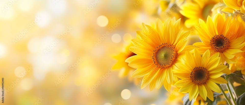 Fototapeta premium Bright sunflowers in full bloom with a soft, sunlit background evoke feelings of summer, nature, and happiness perfect for seasonal greetings, nature blogs, or wellness content,