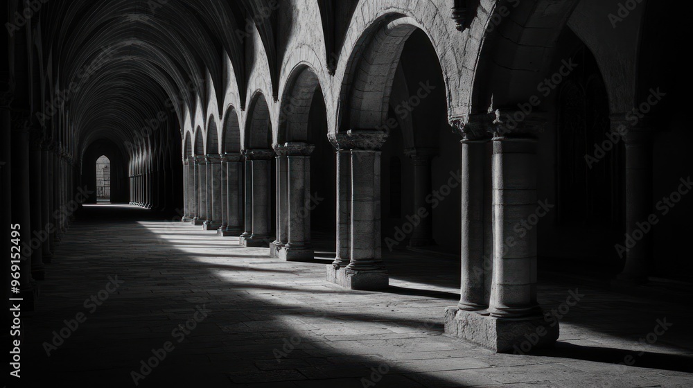 Obraz premium A monochrome image of a cloistered corridor with arches and shadows creating a serene atmosphere.